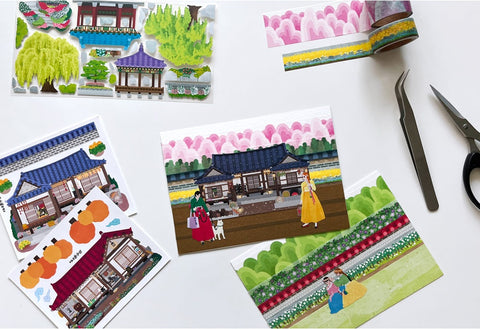Korean Traditional House & Clothes Seal Sticker + Masking Tape SET