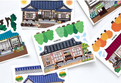 Korean Traditional House & Clothes Seal Sticker + Masking Tape SET