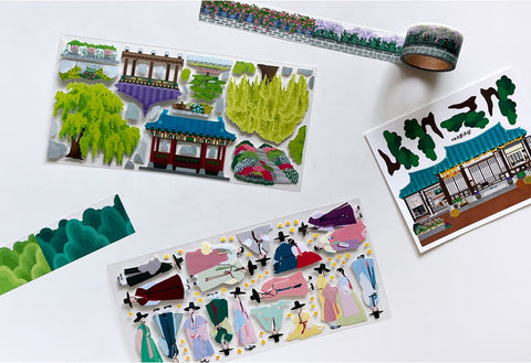 Korean Traditional House & Clothes Seal Sticker + Masking Tape SET