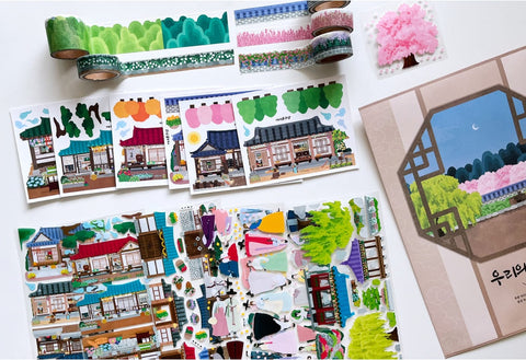 Korean Traditional House & Clothes Seal Sticker + Masking Tape SET