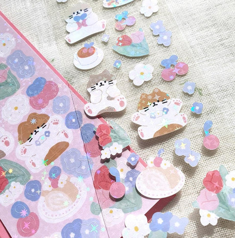 Cherry Tulip Cat Seal Sticker | Kitty Deco Sticker