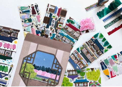 Korean Traditional House & Clothes Seal Sticker + Masking Tape SET