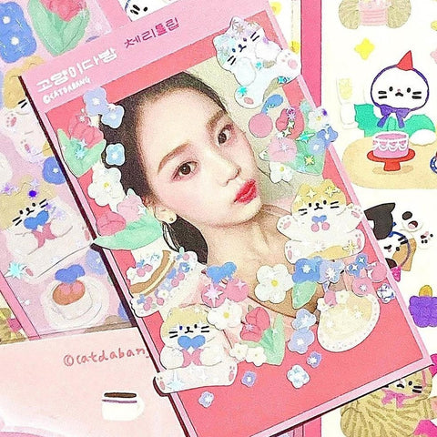 Cherry Tulip Cat Seal Sticker | Kitty Deco Sticker