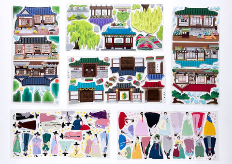 Korean Traditional House & Clothes Seal Sticker + Masking Tape SET