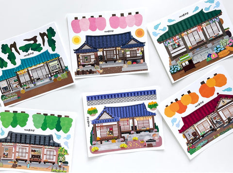 Korean Traditional House & Clothes Seal Sticker + Masking Tape SET