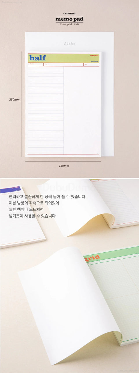 LIFE&PIECES B5 Memo Pad [5types] | Study Notepad | Grid, Half, Layout