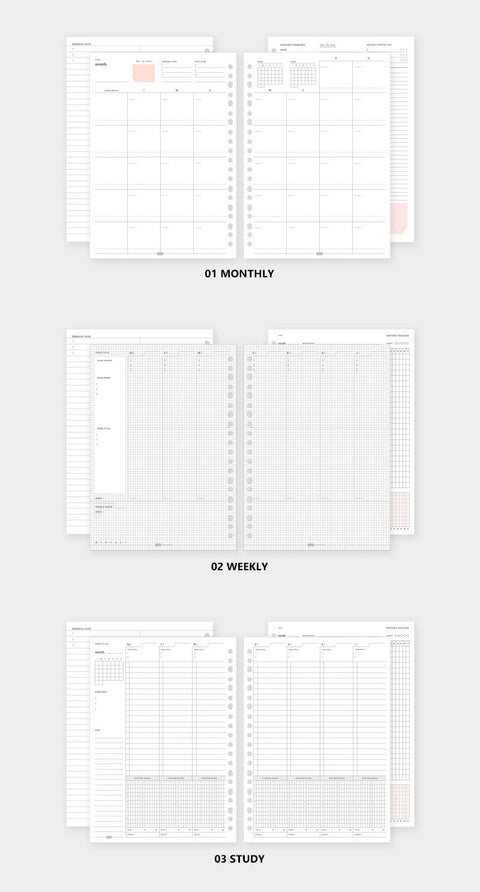 A5 Month Fit Planner Inserts Refill [3types] | 6 Holes Inserts