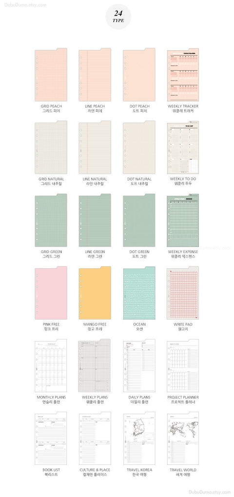 A6 Planner Inserts [5types] | Grid, Line Inserts, Diary Inserts, Refill