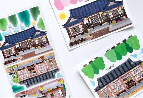 Korean Traditional House & Clothes Seal Sticker + Masking Tape SET