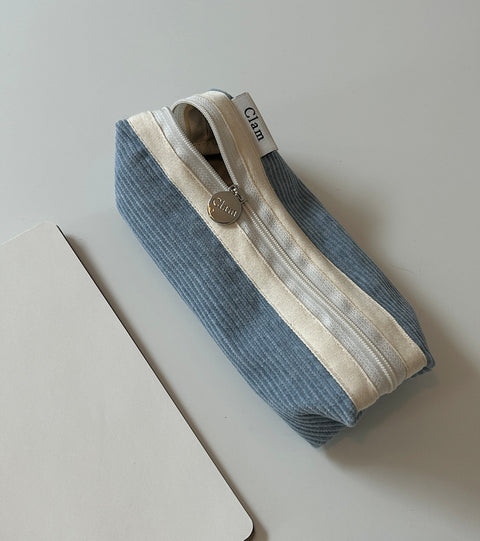 Clam Round Pencil Case [Corduroy Warm Blue] | Pen Pouch