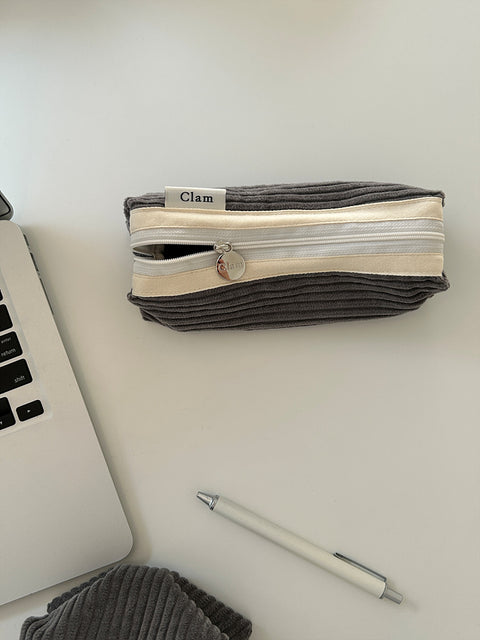 Clam Round Pencil Case [Corduroy Gray] | Pen Pouch