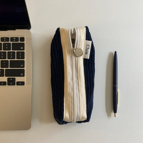 Clam Round Pencil Case [Corduroy Navy] | Pen Pouch