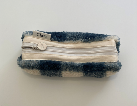 Clam Round Pencil Case | Green Check Soft Fur