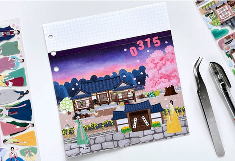 Korean Traditional House & Clothes Seal Sticker + Masking Tape SET