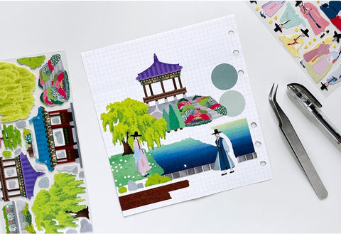 Korean Traditional House & Clothes Seal Sticker + Masking Tape SET