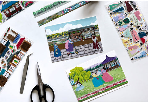 Korean Traditional House & Clothes Seal Sticker + Masking Tape SET