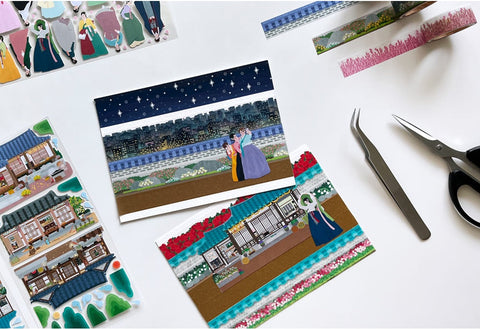 Korean Traditional House & Clothes Seal Sticker + Masking Tape SET