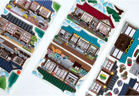 Korean Traditional House & Clothes Seal Sticker + Masking Tape SET
