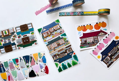 Korean Traditional House & Clothes Seal Sticker + Masking Tape SET