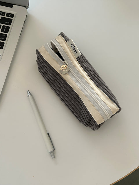 Clam Round Pencil Case [Corduroy Gray] | Pen Pouch