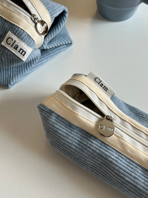 Clam Round Pencil Case [Corduroy Warm Blue] | Pen Pouch