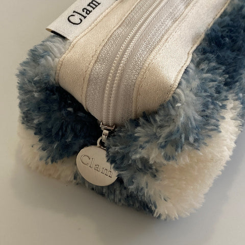 Clam Round Pencil Case | Green Check Soft Fur