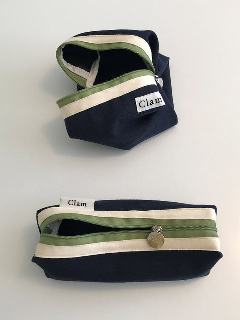 Clam Round Pencil Case [Navy and Green] | Pen Pouch