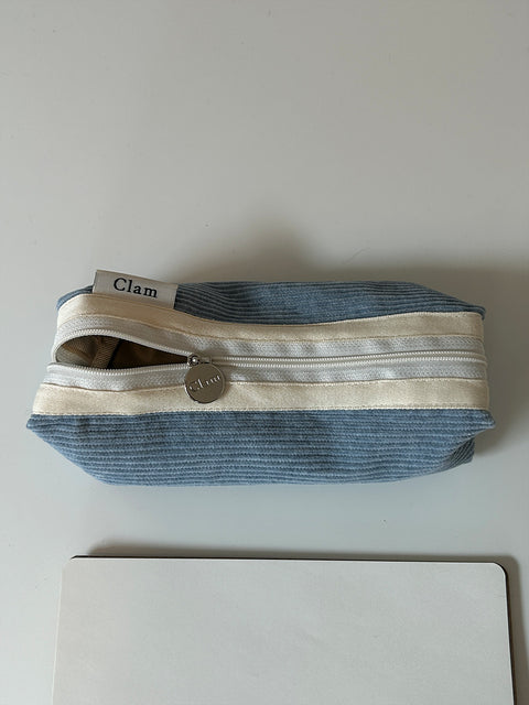 Clam Round Pencil Case [Corduroy Warm Blue] | Pen Pouch