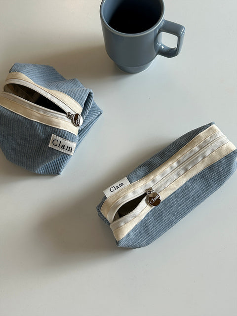 Clam Round Pencil Case [Corduroy Warm Blue] | Pen Pouch