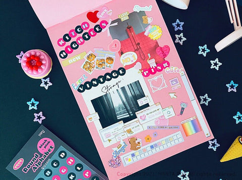 Twinkle Deco Sticker [Round Alphabet-Black Pink]