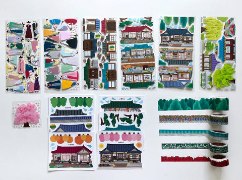 Korean Traditional House & Clothes Seal Sticker + Masking Tape SET