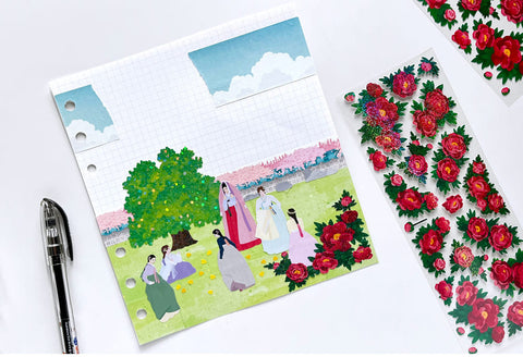 Peony & Trumpet Creeper Seal Sticker [4types] | Deco Sticker