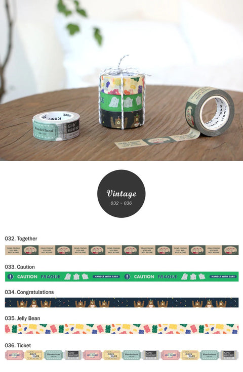 Vintage ver. Masking Tape [5types] | Fragile, Caution, Jelly Bear, Ticket